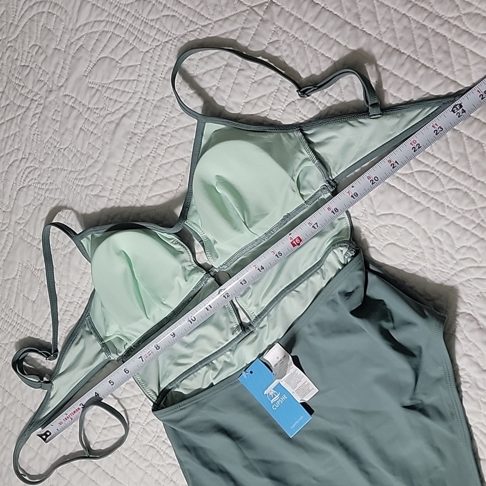 Women's Green One Piece Swimsuit with Unique Cutouts and Structured Bustier - Picture 5 of 11